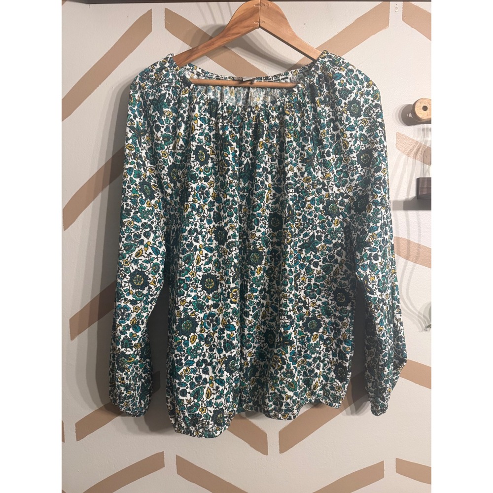 Loft Outlet Blouse Womens Large Green Floral Paisley Elastic Neck Long Sleeve